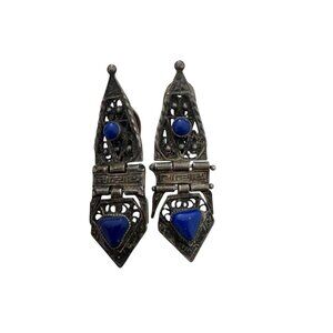 VTG Sterling Silver Clip on earrings Lapis Lazuli cabochon filigree Greek Key